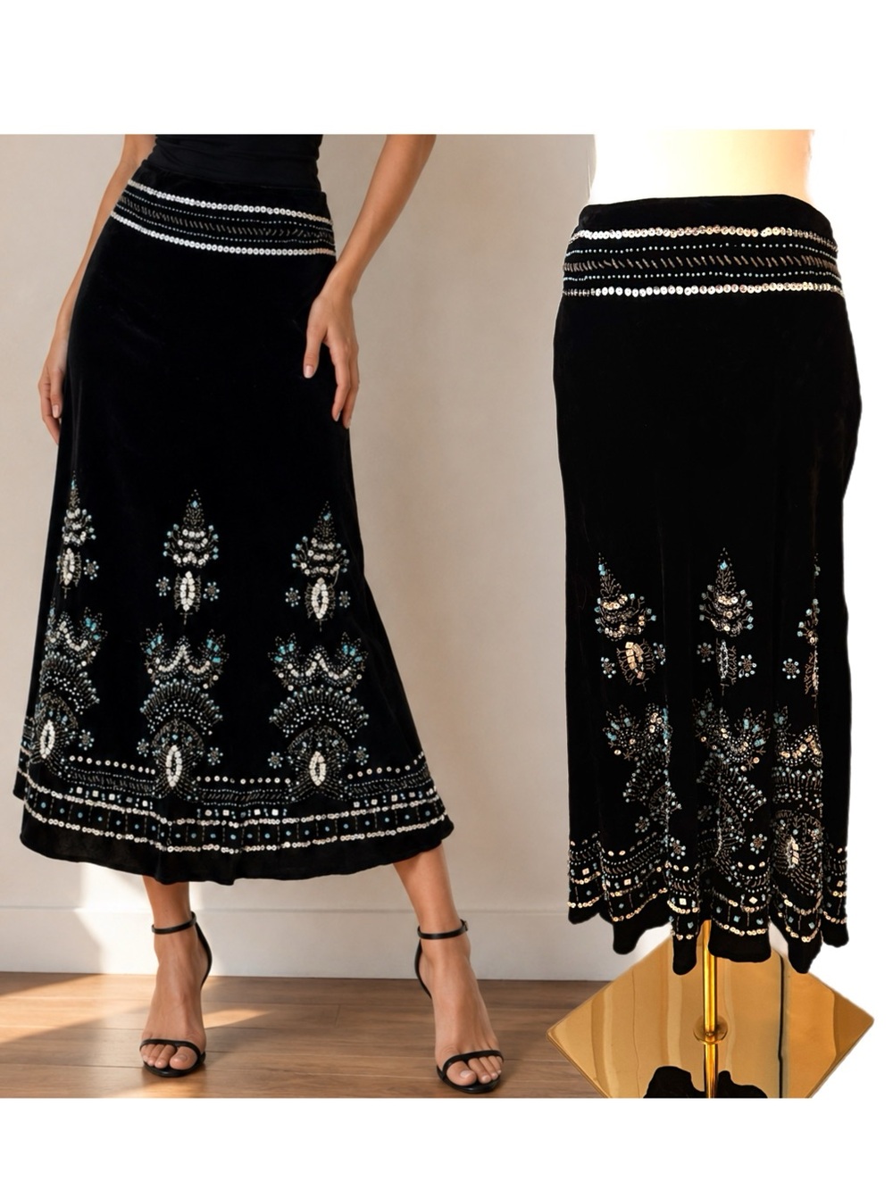 Vintage 90s Carole Little Black Velvet Beaded Midi Skirt Size 8 Boho Western
